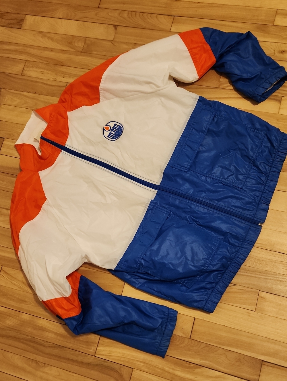 Vintage Oilers Blue/White/Orange Colorblock Windbreaker Jacket - NHL Inspired - Picture 1 of 16